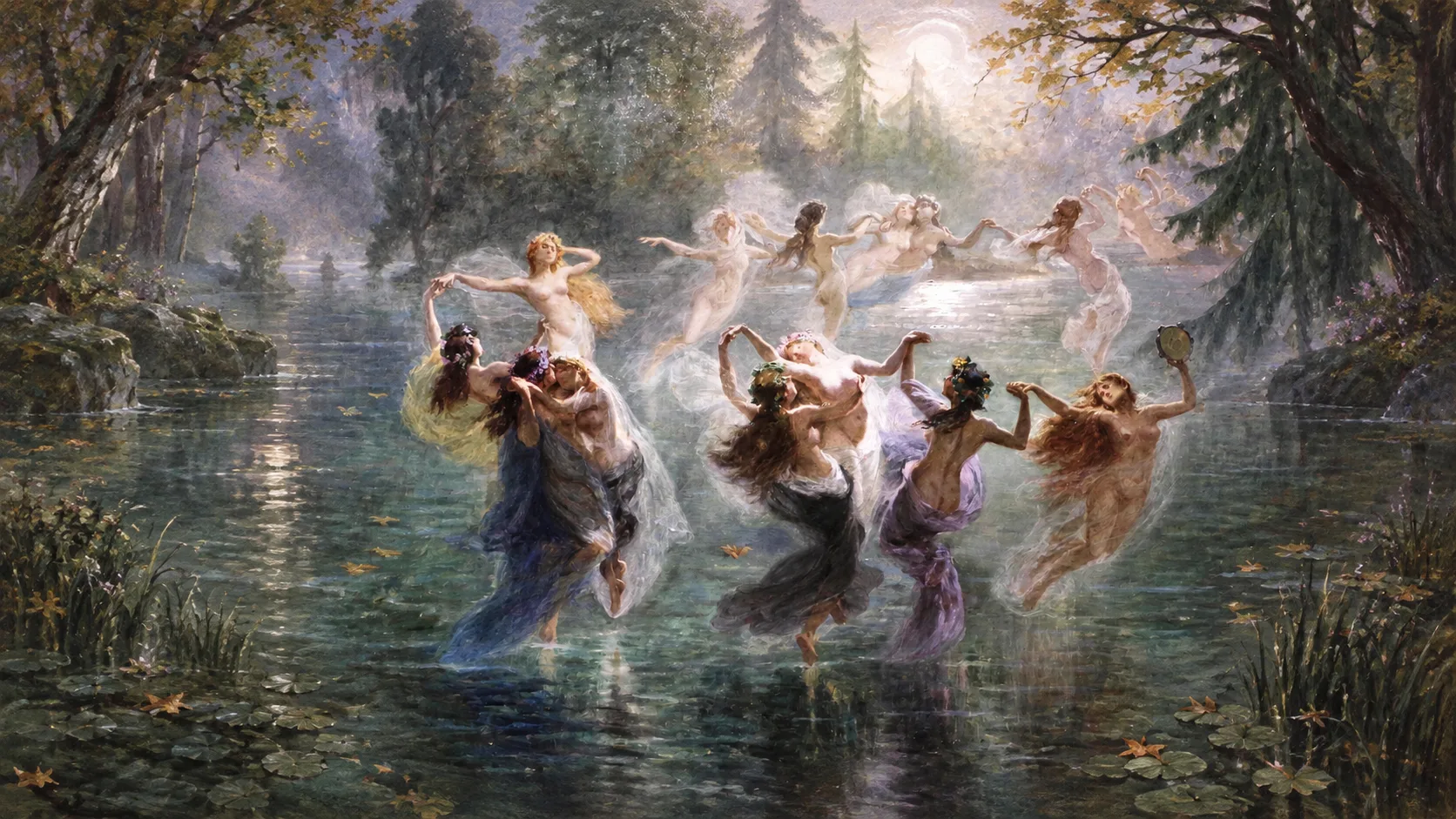 Ninfas danzando sobre un lago al claro de luna, en una pintura romántica